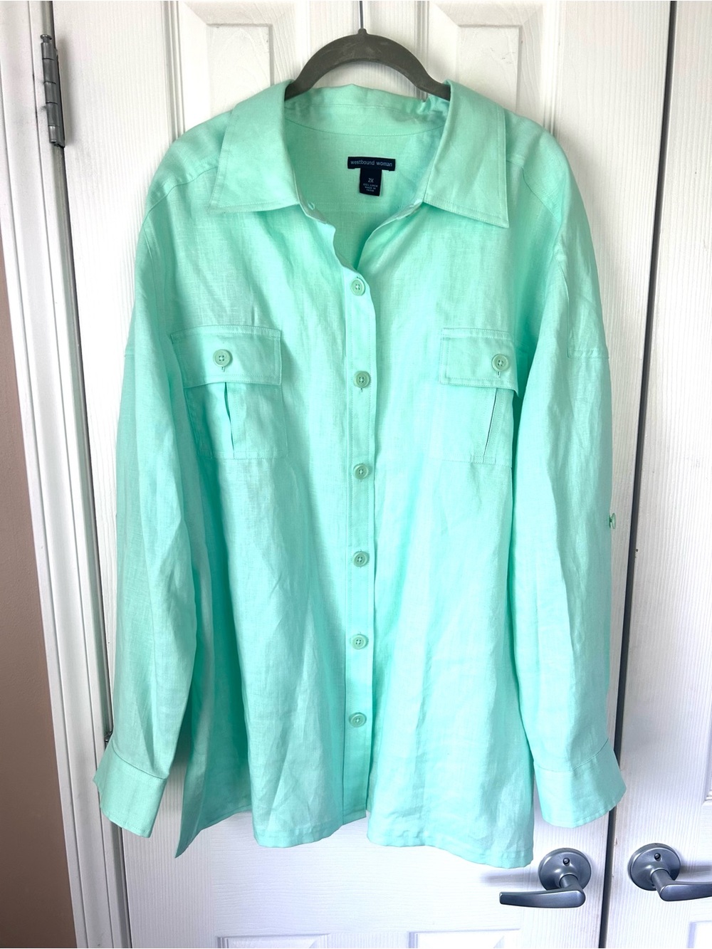 Westbound Woman 100% Linen Button Front Shirt Mint Green Plus Size 2X